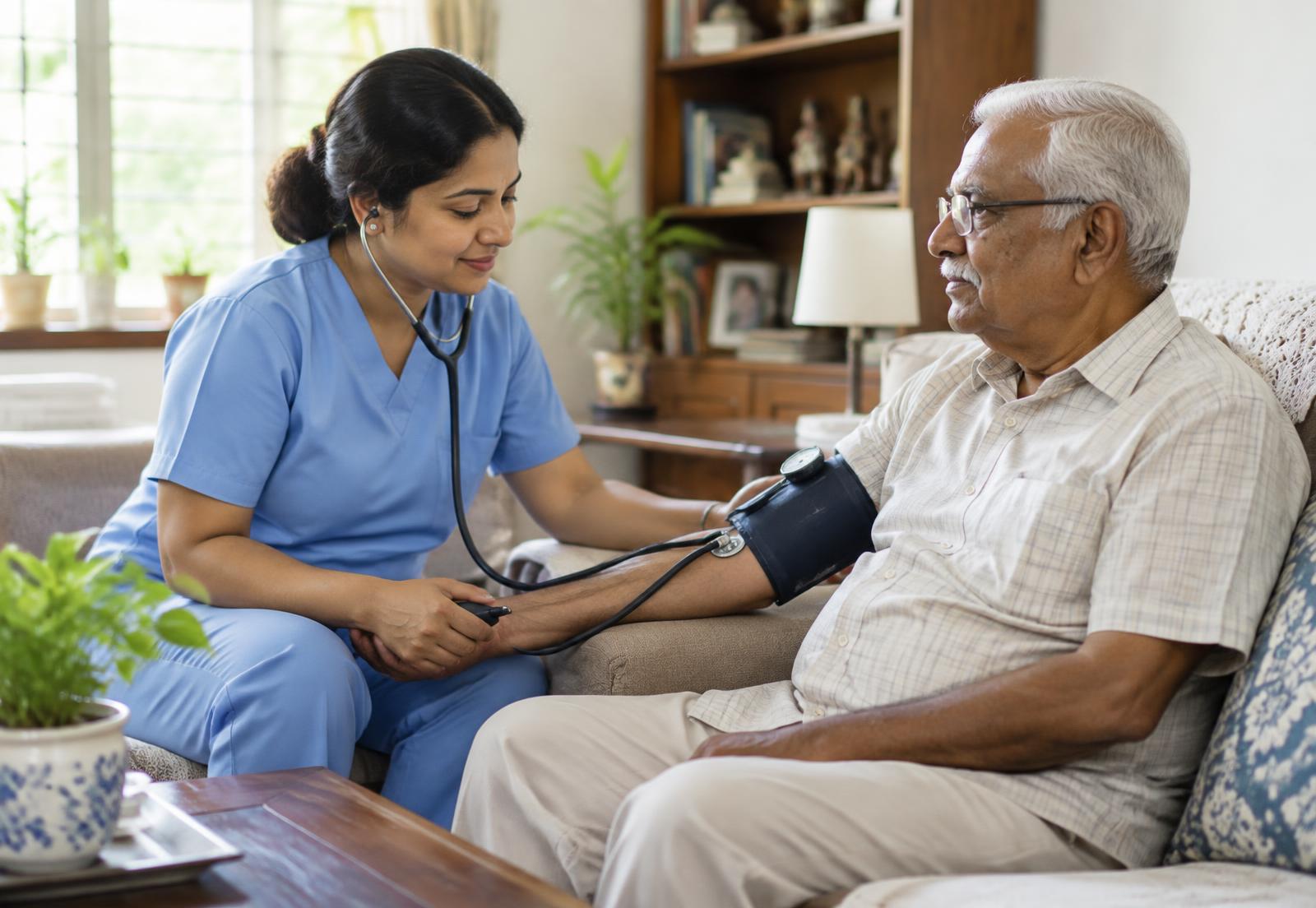 Nurse checking an elderly patient's blood pressure at home in Patna